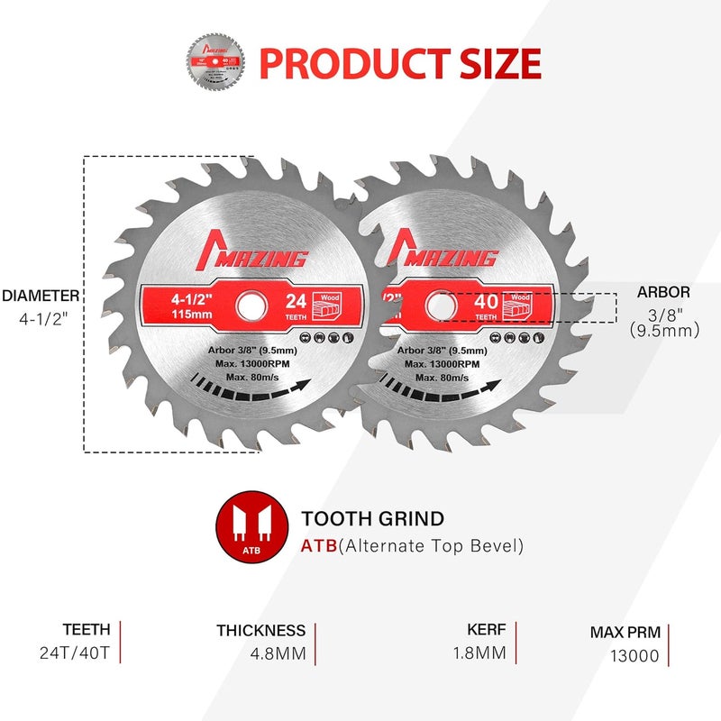 MAZING 4 PCS 4-1/2 Inch 24T&40T Circular Saw Blades, 4.5 inch TCT Compact Circular Saw Blade with 3/8" Arbor, ATB Design, Fit for Woodworking Cutting Plywood, Soft & Hardwood, Wood with Nails - Image 2